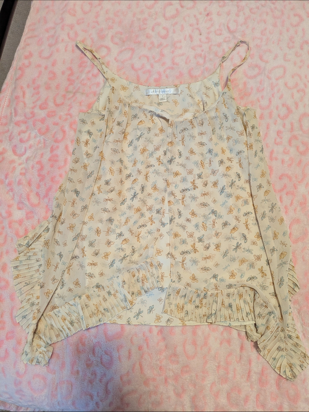 LC Lauren Conrad Cream Floral Spaghetti Strap Butterfly Tank